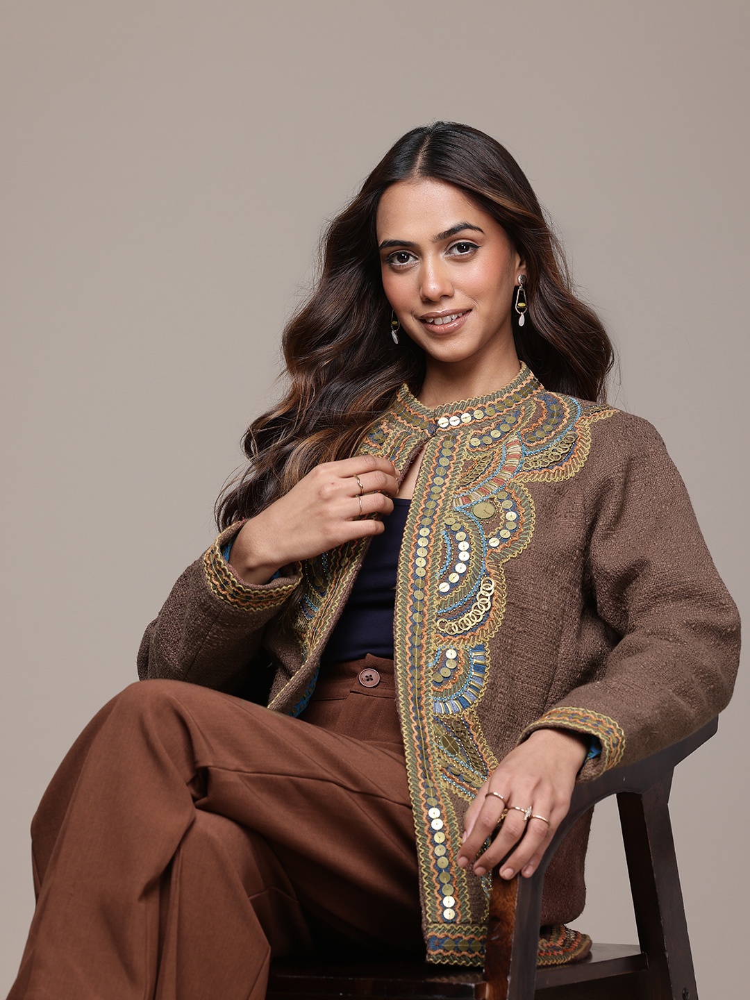 

Ritu Kumar Women Embroidered Tailored Jacket, Brown