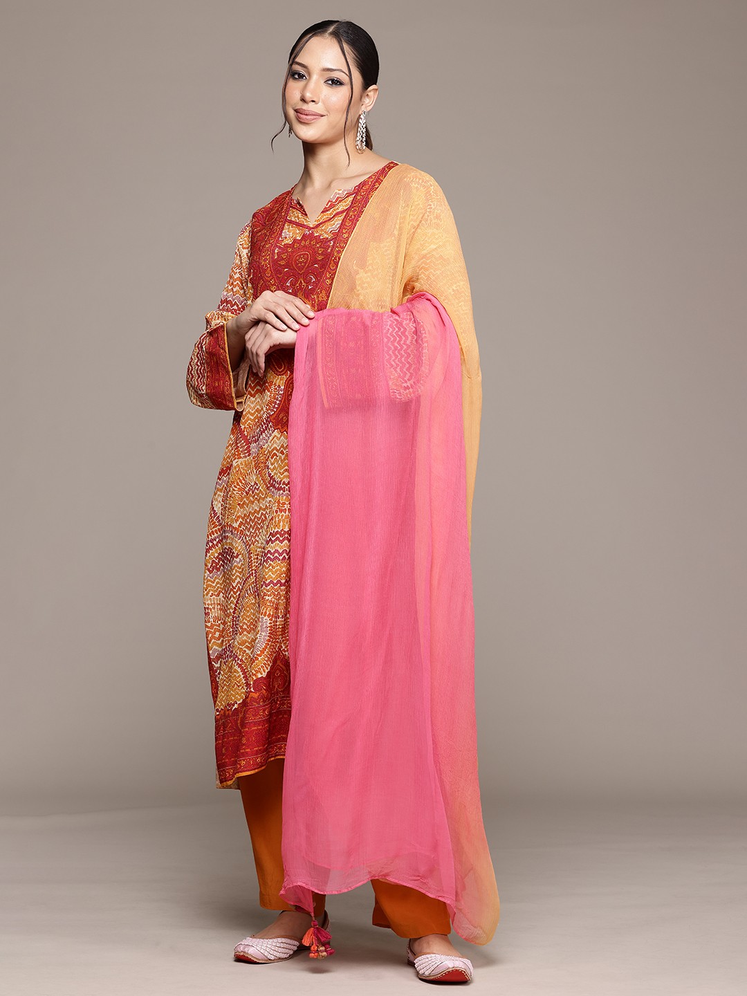 

Ritu Kumar Paisley Printed Kurta with Palazzos & With Dupatta, Beige
