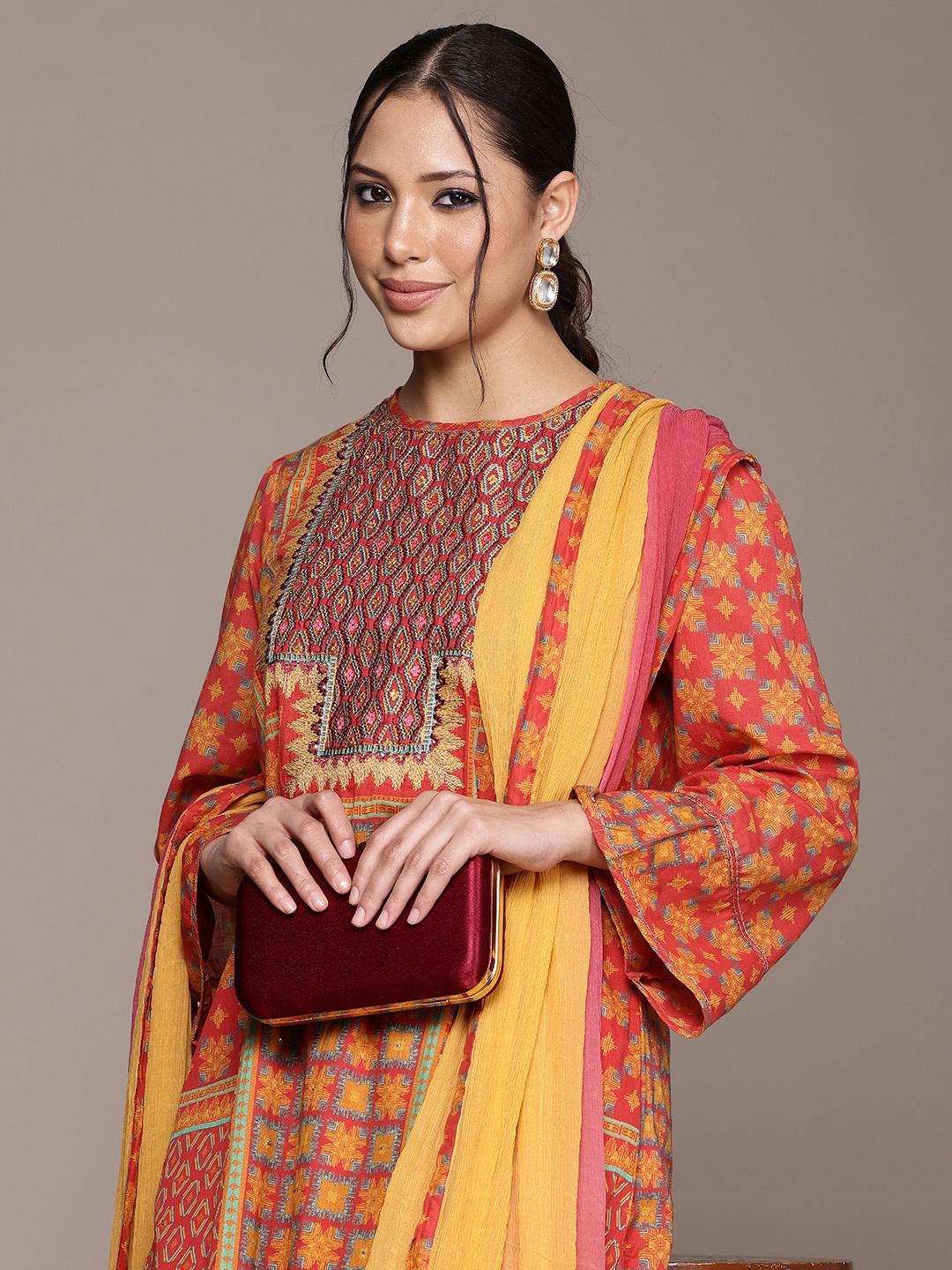 

Ritu Kumar Ethnic Motifs Printed Thread Work Pure Cotton Kurta with Palazzos & Dupatta, Red