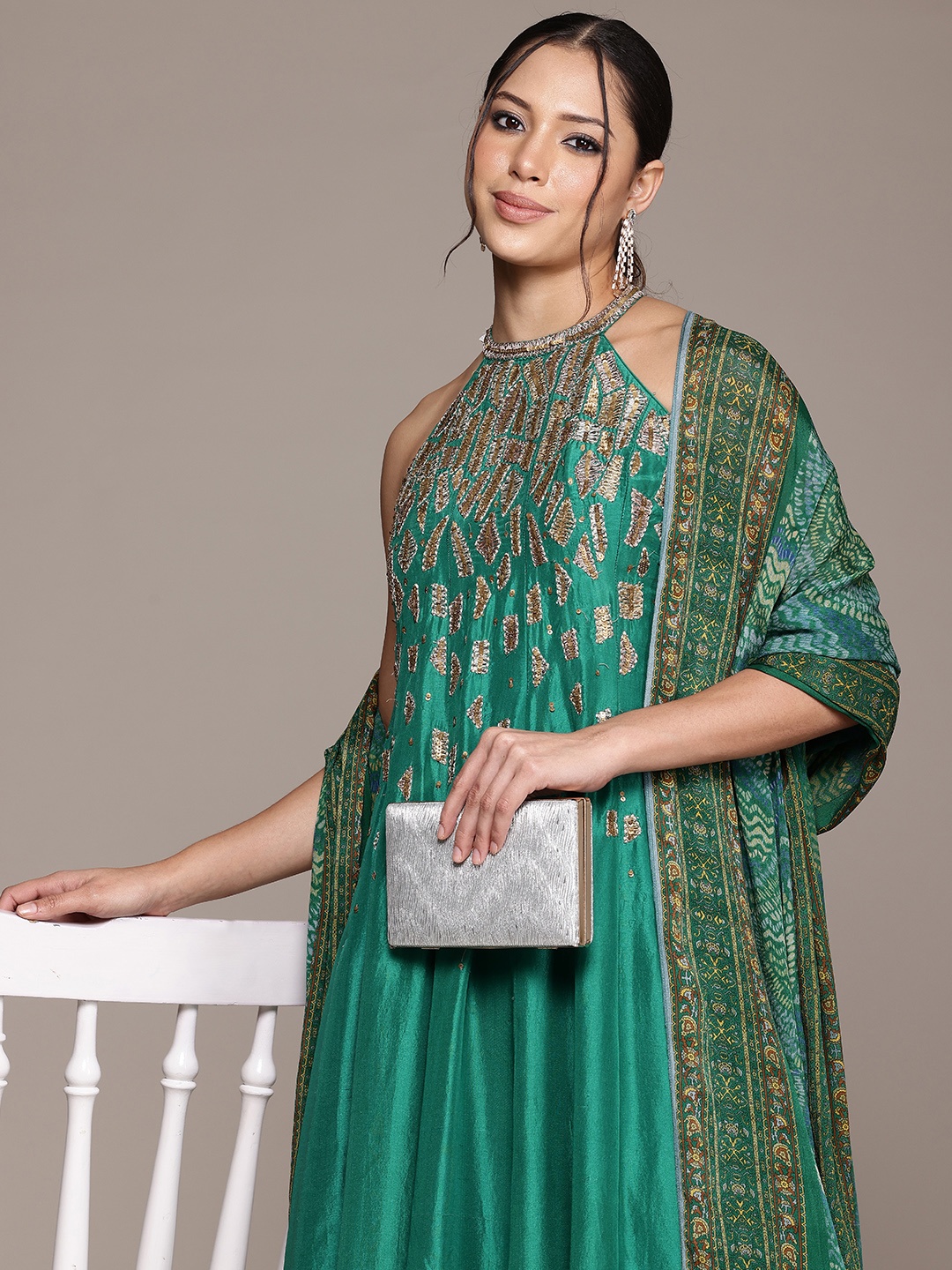 

Ritu Kumar Panelled Sequinned Kurta With Leggings & With Dupatta, Teal