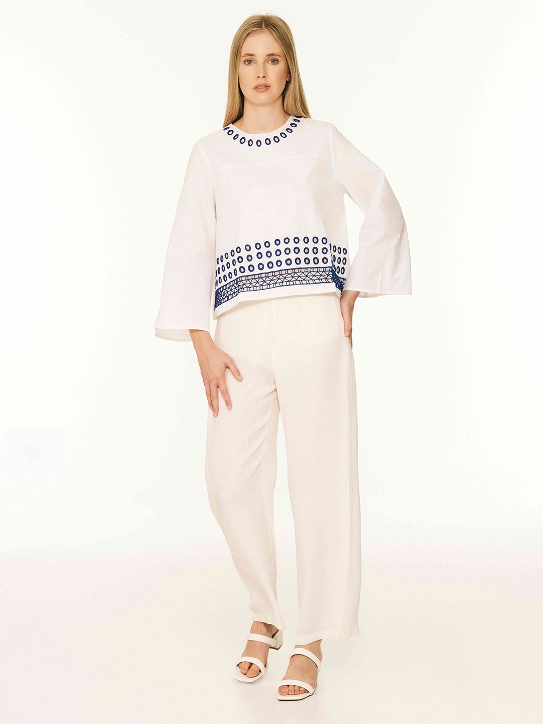 

The Sancy Women Round Neck Embroidered Flared Sleeve Cotton Top, White