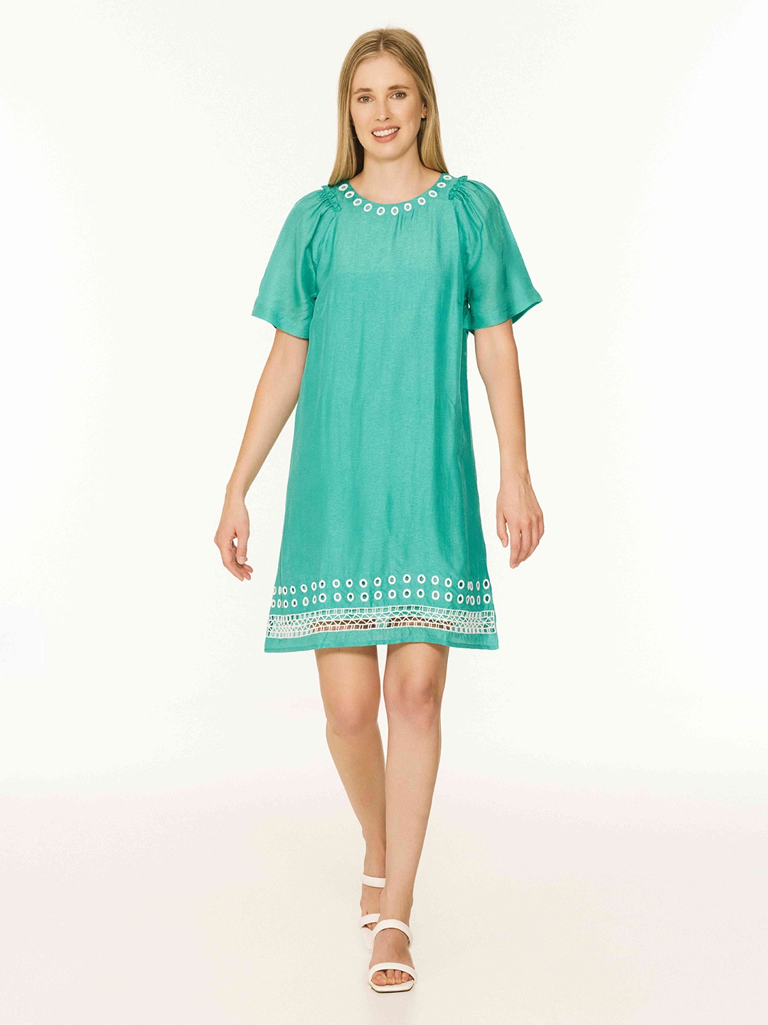 

The Sancy Women Embroidered A-Line Dress, Sea green