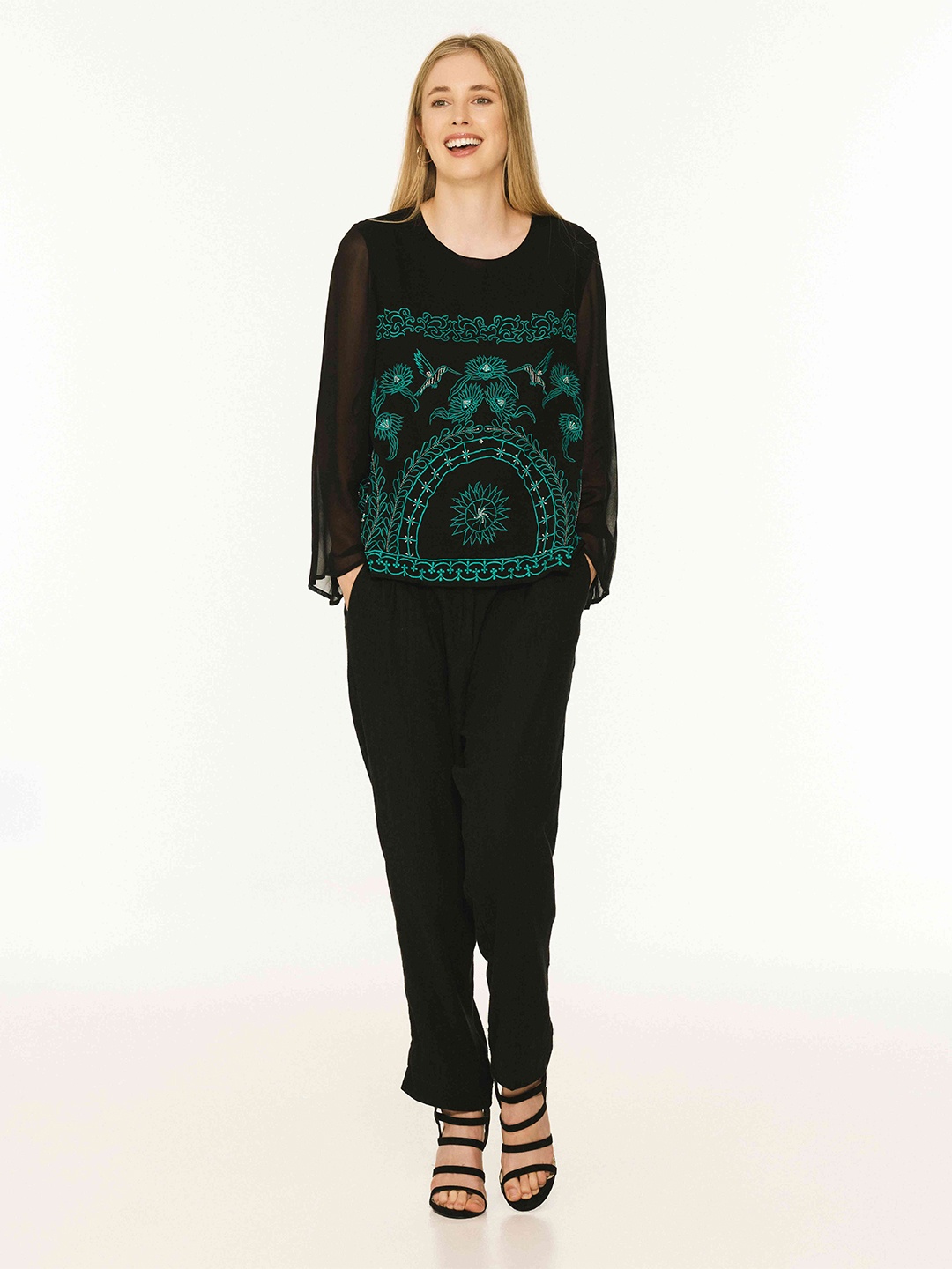 

The Sancy Women Embroidered Georgette Long Sleeves Top, Black