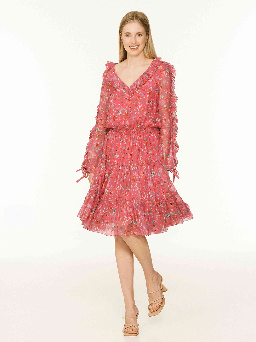 

The Sancy Women Floral Printed Long Sleeves Fit & Flare Dress, Pink