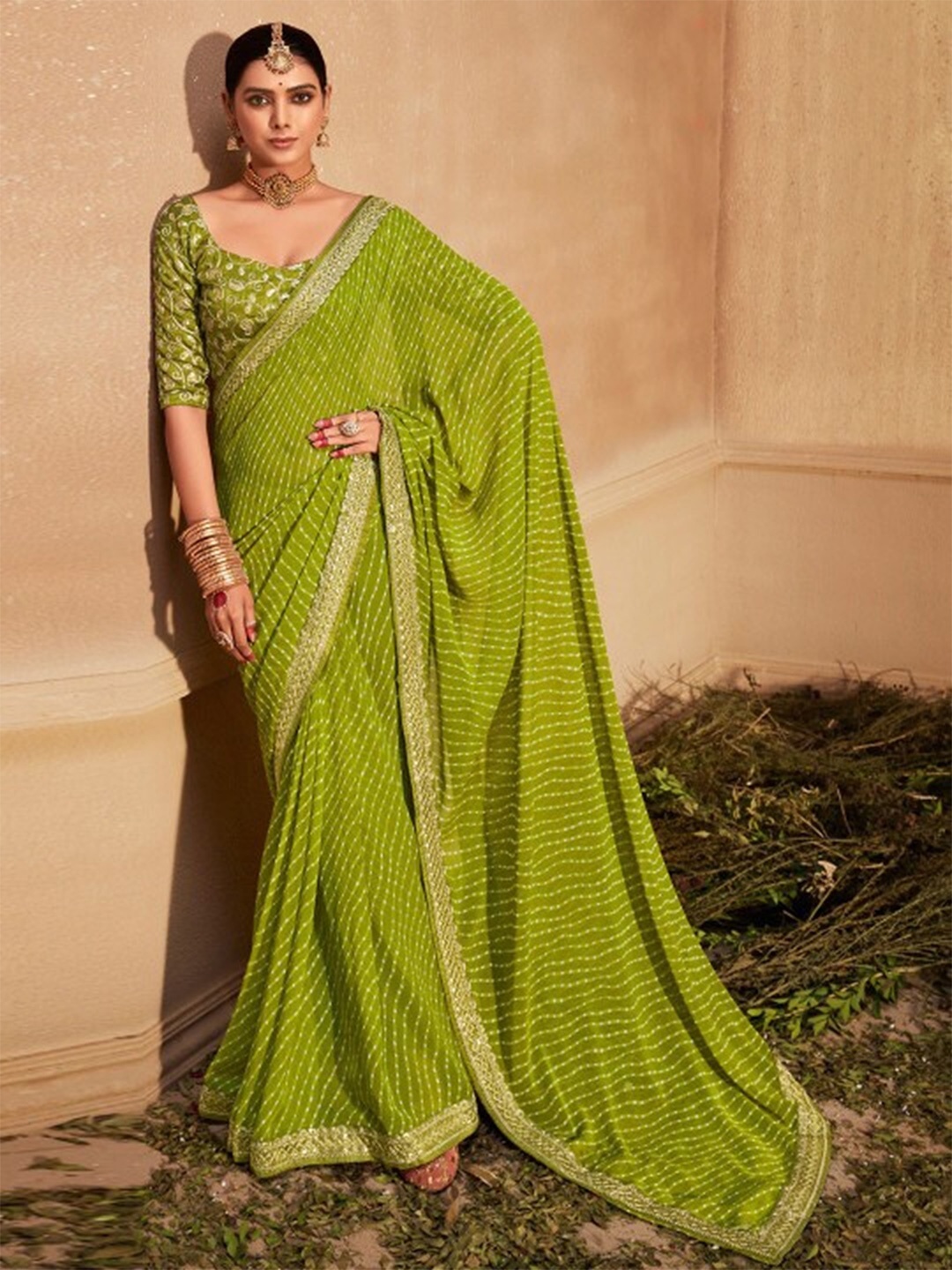 

SANJANA SILK Embroidered Striped PrintedPure Georgette Bagh Saree, Green