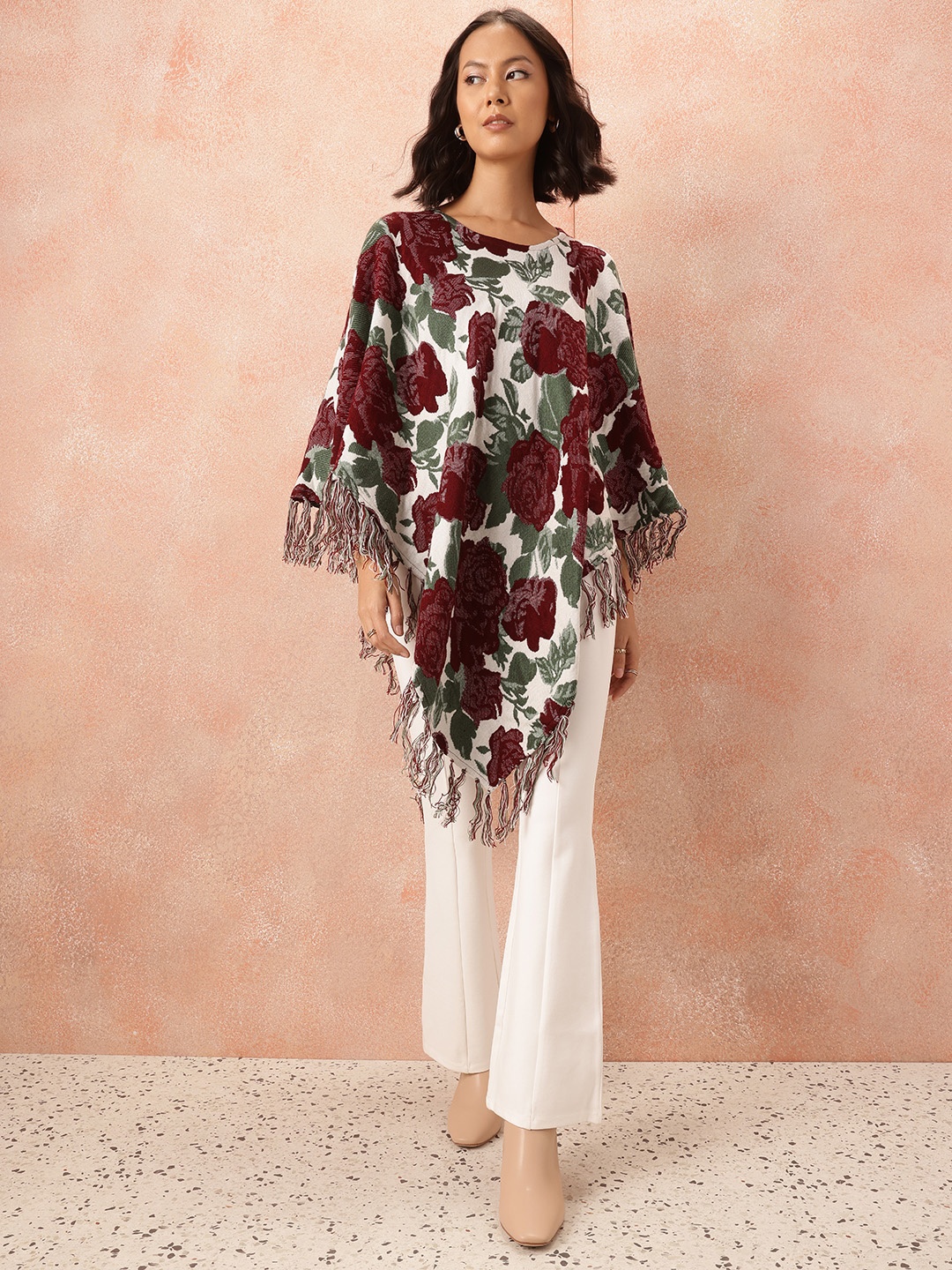 

all about you Floral Printed Longline Poncho with Fringed Detail, Burgundy