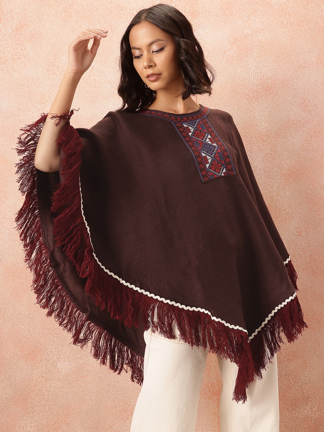 

all about you Longline Poncho with Fringed Detail, Maroon