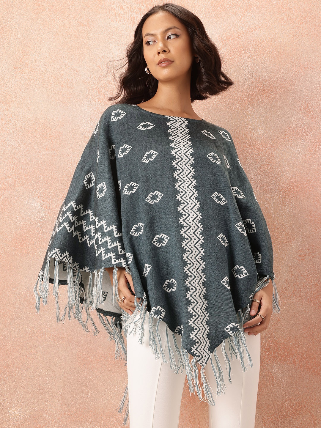 

all about you Printed Longline Poncho with Fringed Detail, Grey