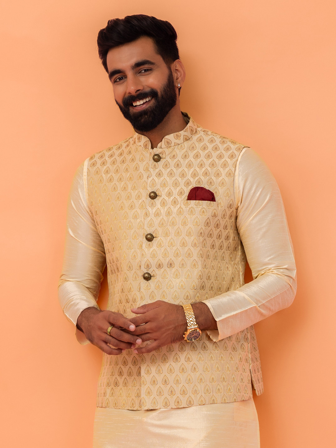 

Kisah Men Ethnic Motifs Woven Design Mandarin Collar Nehru Jacket, Cream