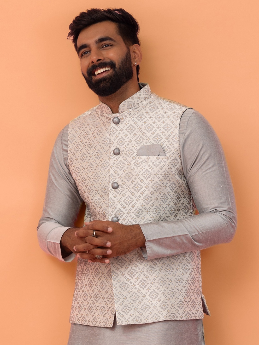 

Kisah Men Ethnic Motifs Mandarin Collar Woven Design Nehru Jacket, Grey