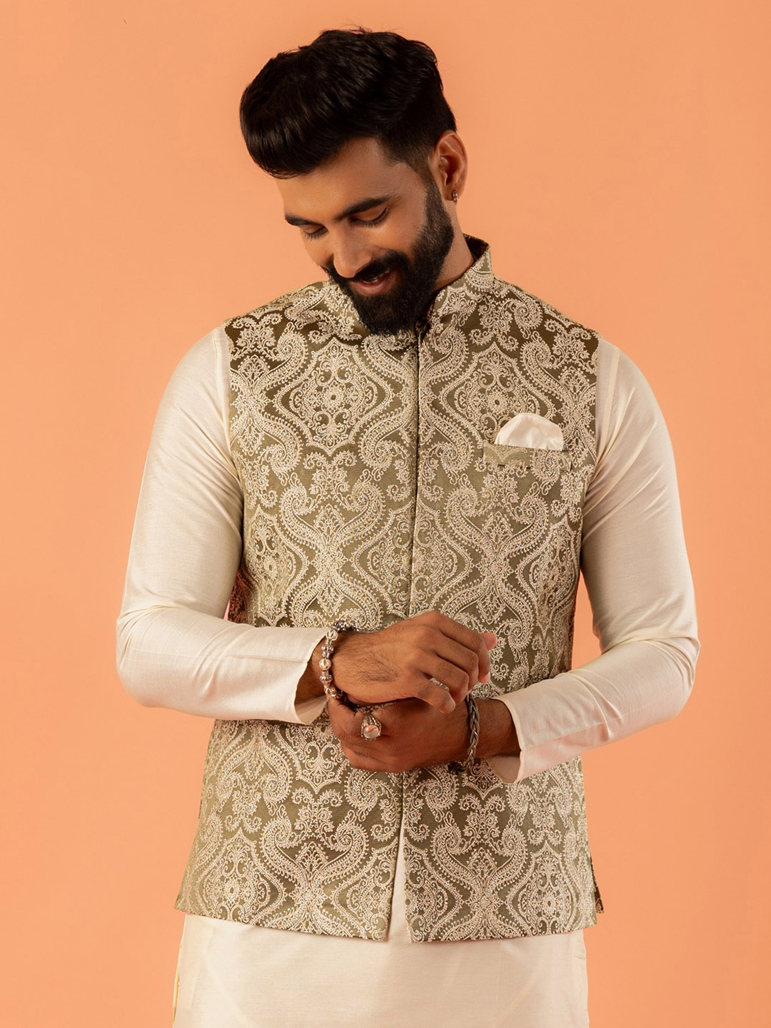 

KISAH Men Ethnic Motifs Mandarin Collar Woven Design Nehru Jacket, Green