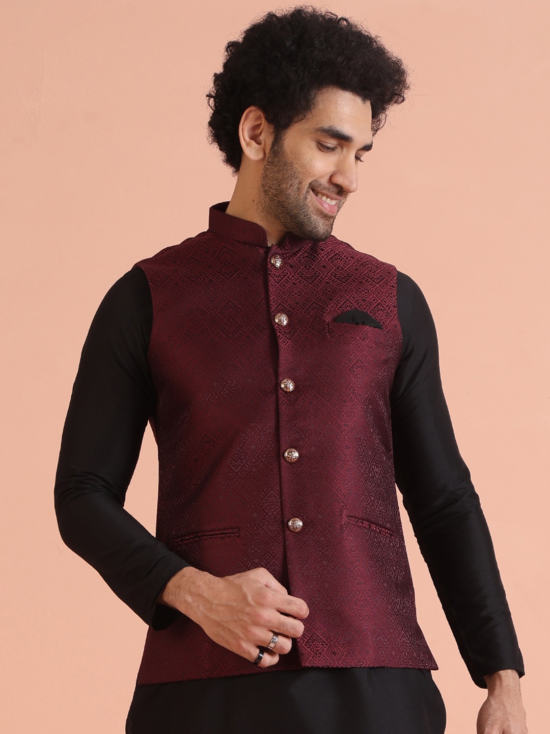 

Kisah Men Ethnic Motifs Woven Design Mandarin Collar Nehru Jacket, Maroon