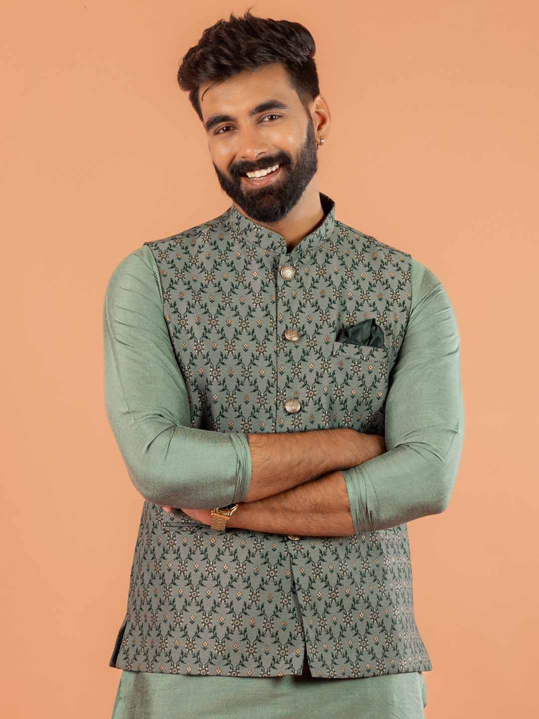 

KISAH Men Mandarin Collar Woven Design Nehru Jacket, Green
