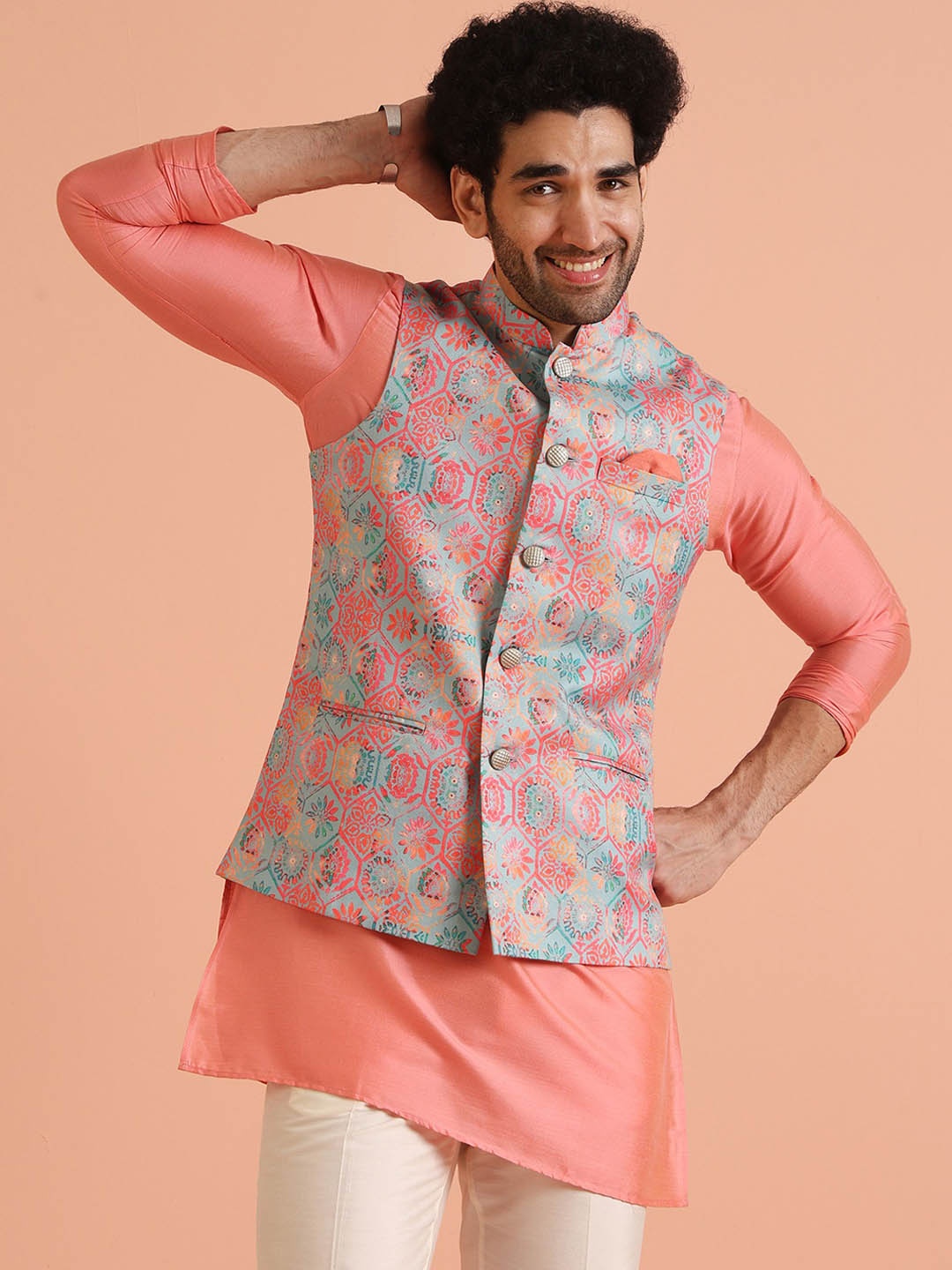 

KISAH Men Printed Nehru Jacket, Peach