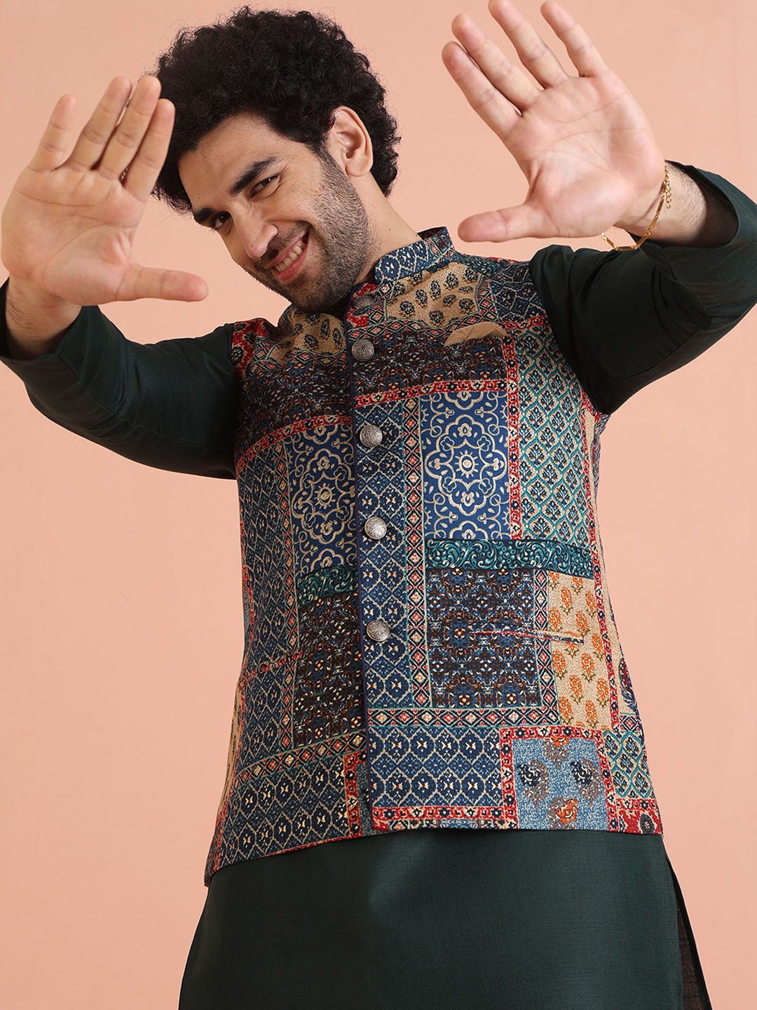 

KISAH Men Woven Design Mandarin Collar Printed Nehru Jacket, Blue