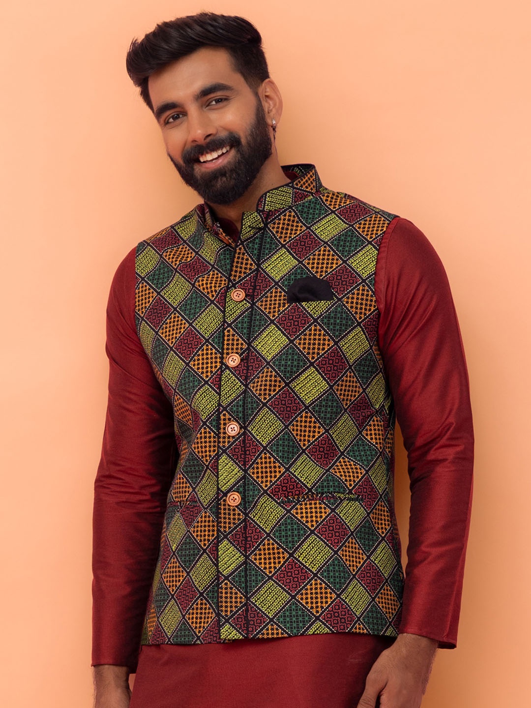 

KISAH Men Mandarin Collar Printed Nehru Jacket, Green