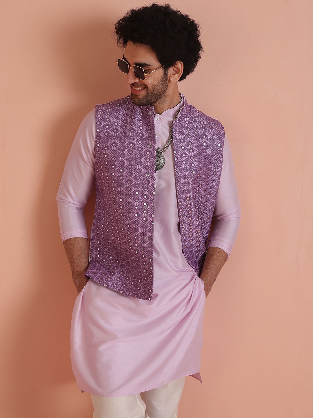 

Kisah Men Embroidered Mandarin Collar Nehru Jacket, Lavender