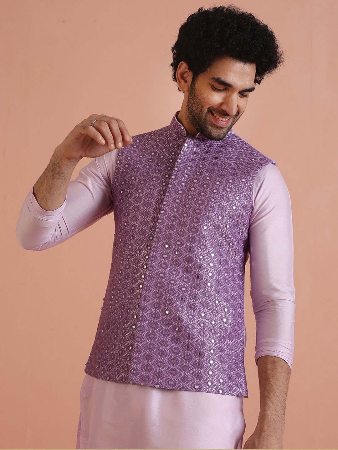 

Kisah Men Embroidered Mandarin Collar Nehru Jacket, Lavender