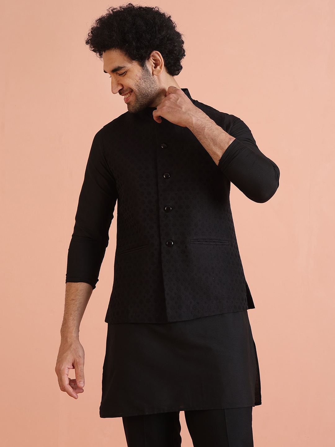 

Kisah Men Ethnic Motifs Mandarin Collar Woven Design Nehru Jacket, Black