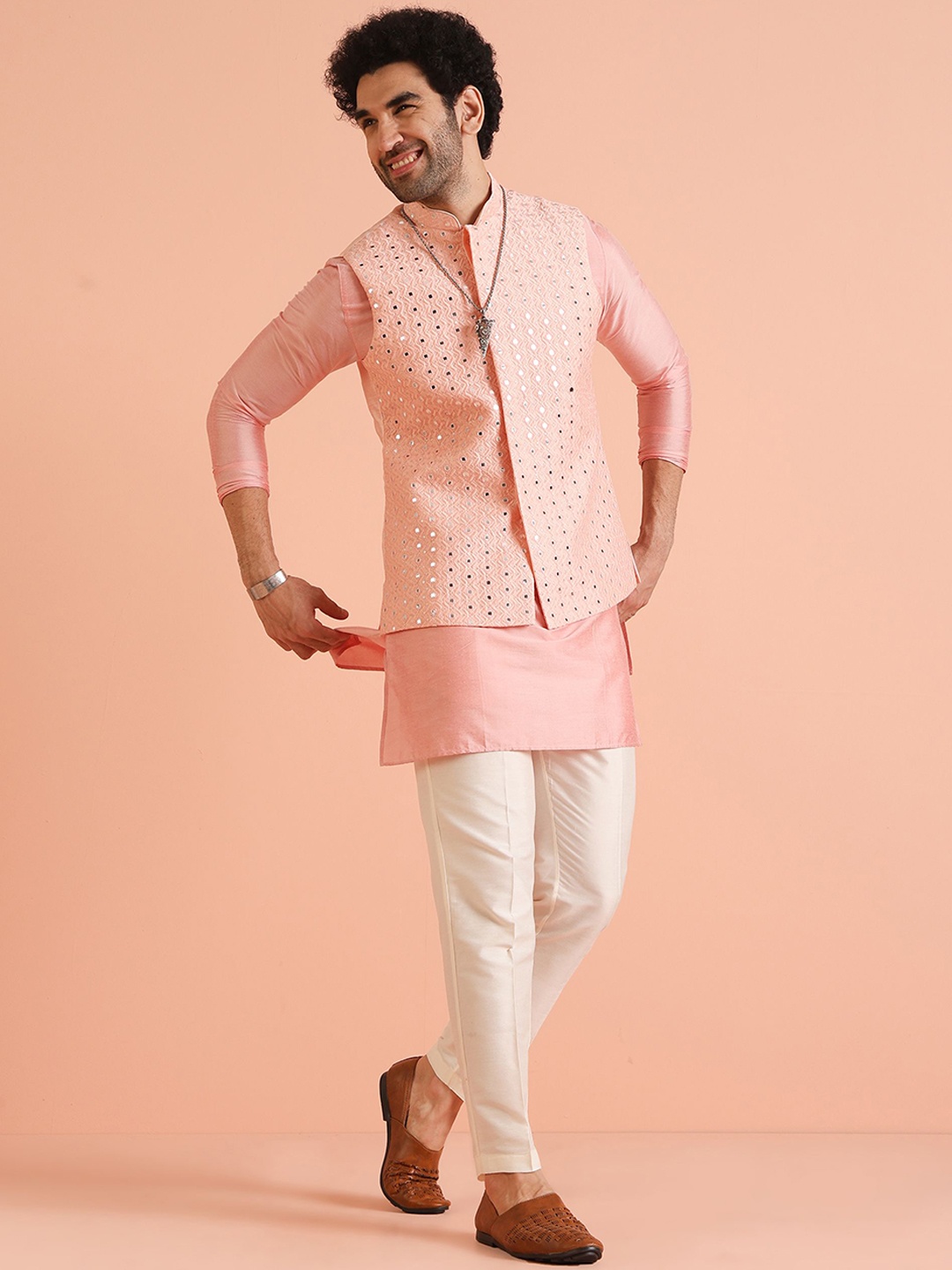 

Kisah Men Mirror Work Mandarin Collar Nehru Jacket, Pink