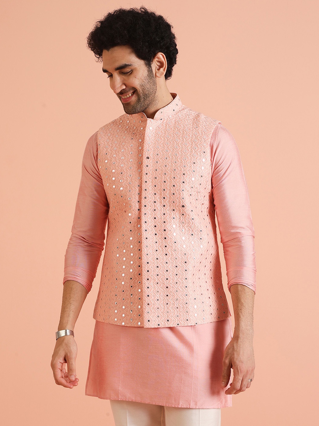 Kisah Men Mirror Work Mandarin Collar Nehru Jacket, Pink