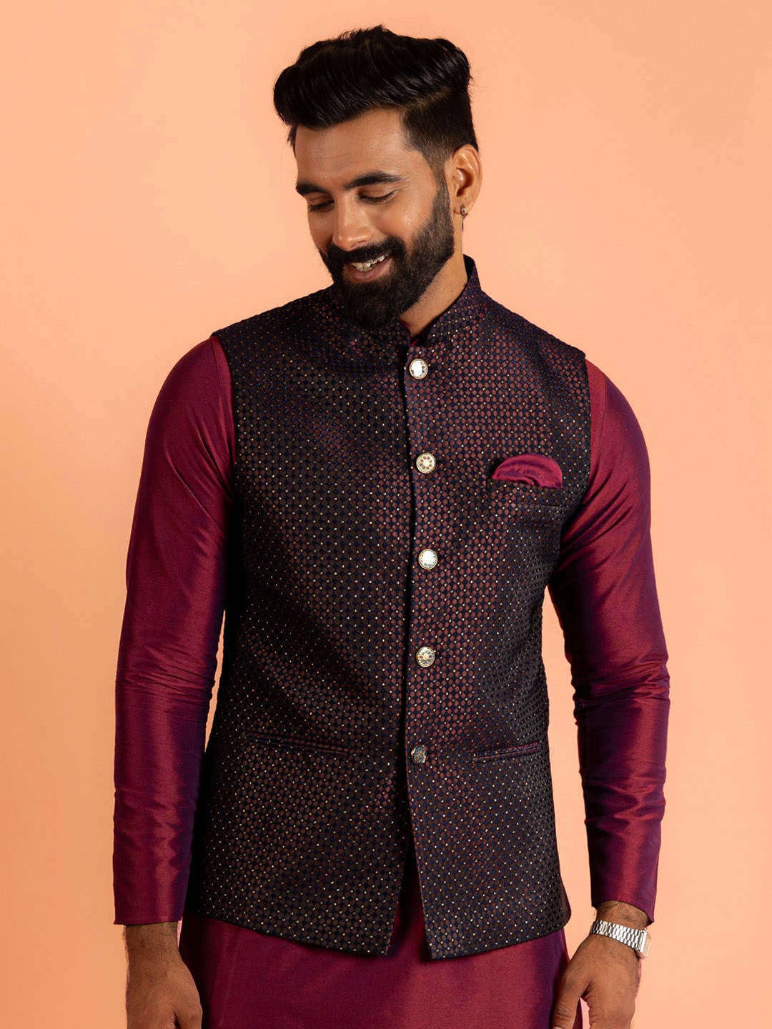 

KISAH Men Ethnic Motifs Mandarin Collar Woven Design Nehru Jacket, Purple