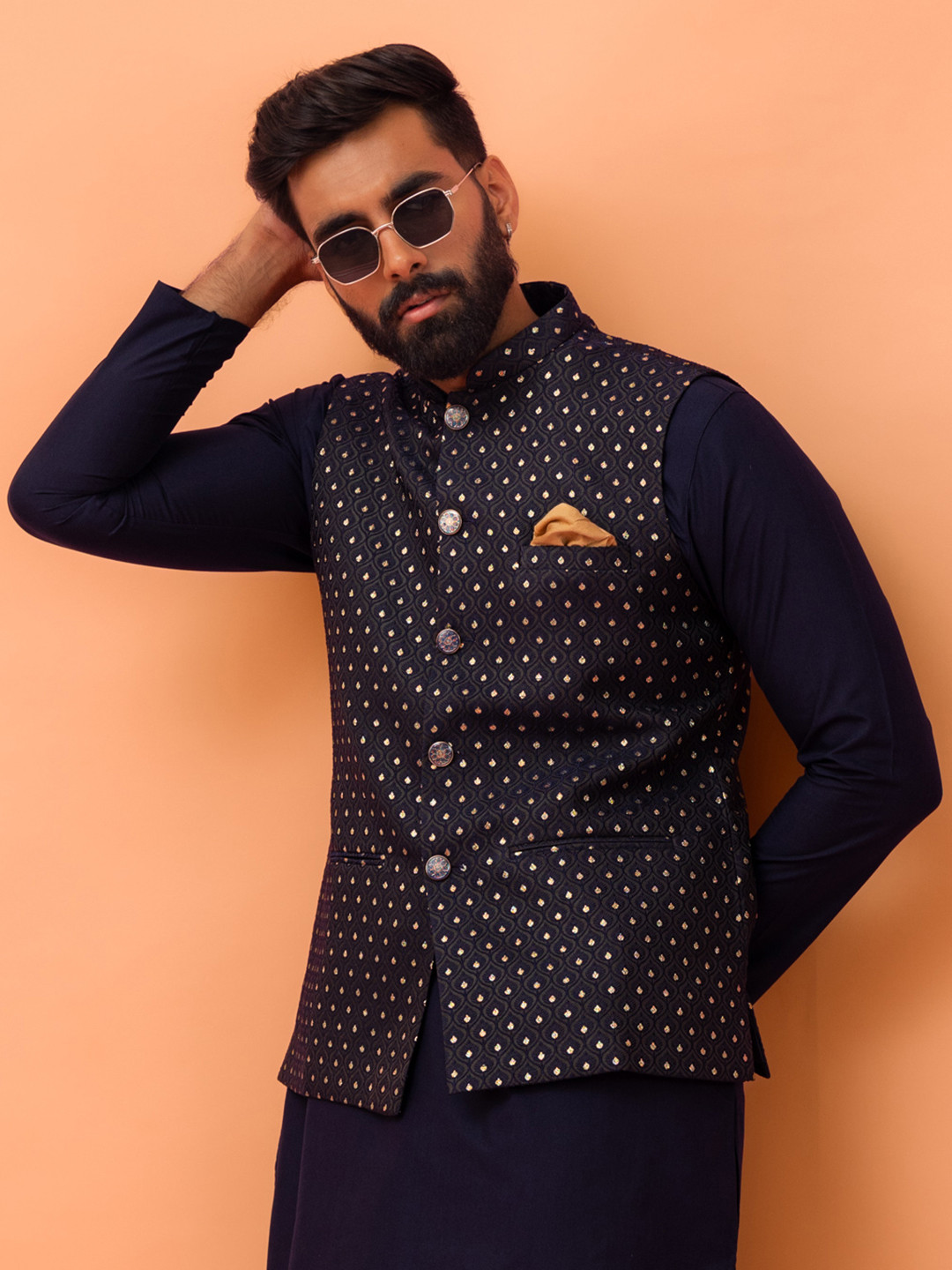 

KISAH Men Embroidered Jacquard Nehru Jacket, Navy blue