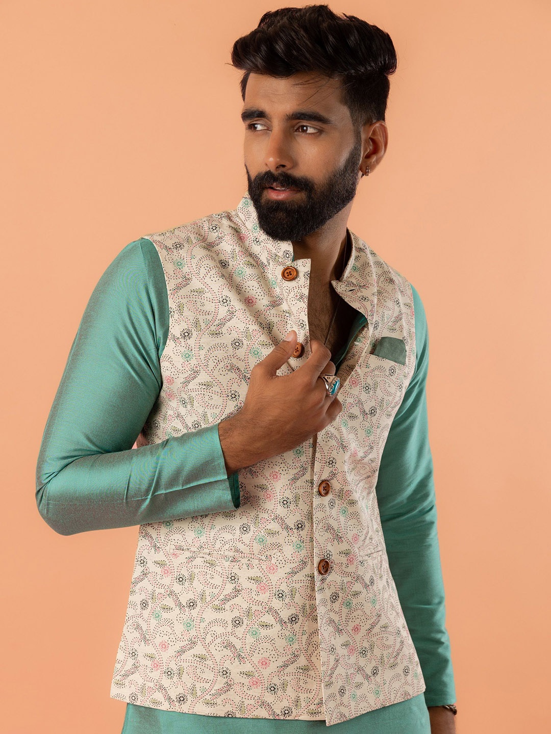 

KISAH Men Printed Mandarin Collar Nehru Jacket, Cream