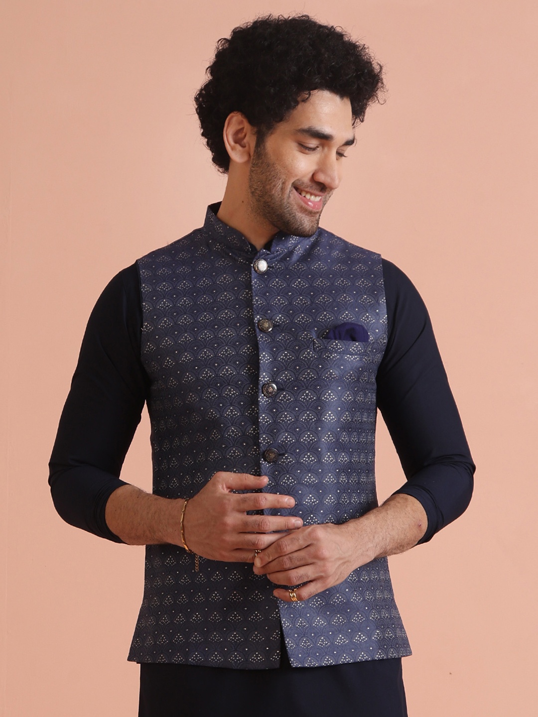 

KISAH Men Woven Design Nehru Jacket, Blue