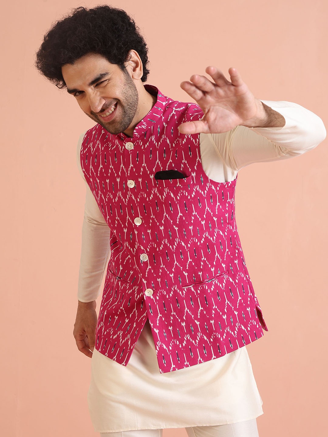 

Kisah Men Mandarin Collar Printed Nehru Jacket, Pink