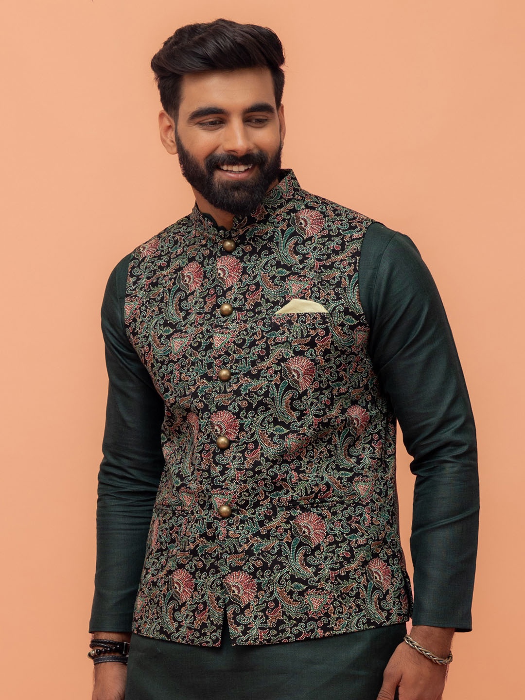 

Kisah Men Mandarin Collar Printed Nehru Jacket, Green