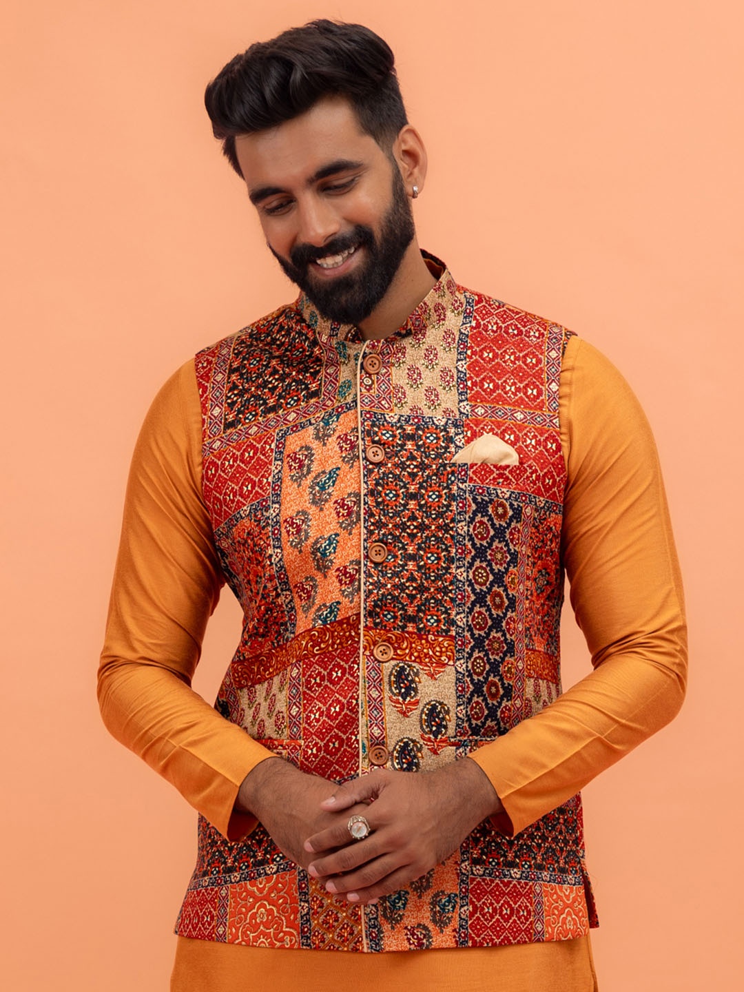 

KISAH Men Mandarin Collar Printed Nehru Jacket, Beige