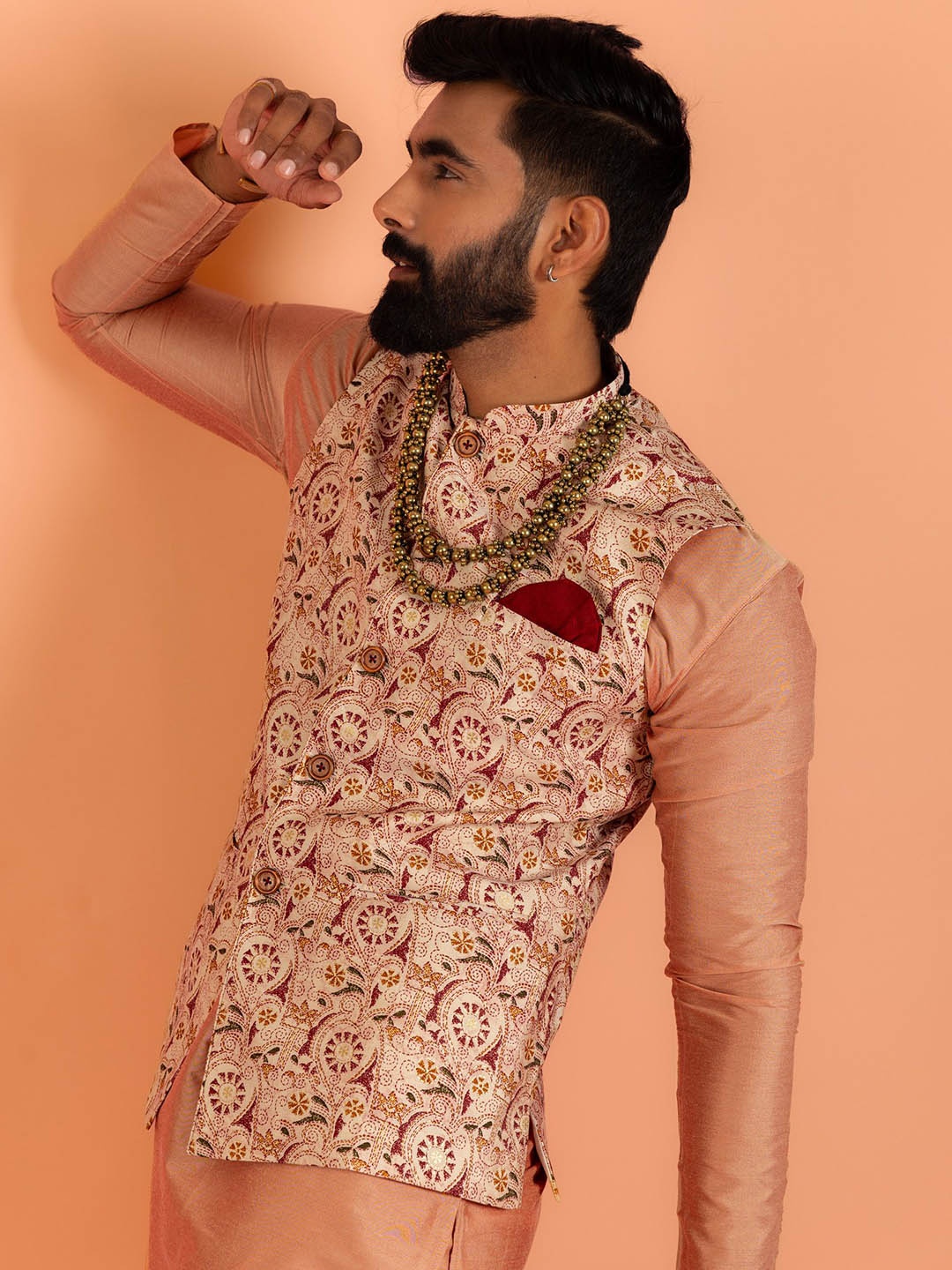 

Kisah Men Mandarin Collar Printed Nehru Jacket, Cream