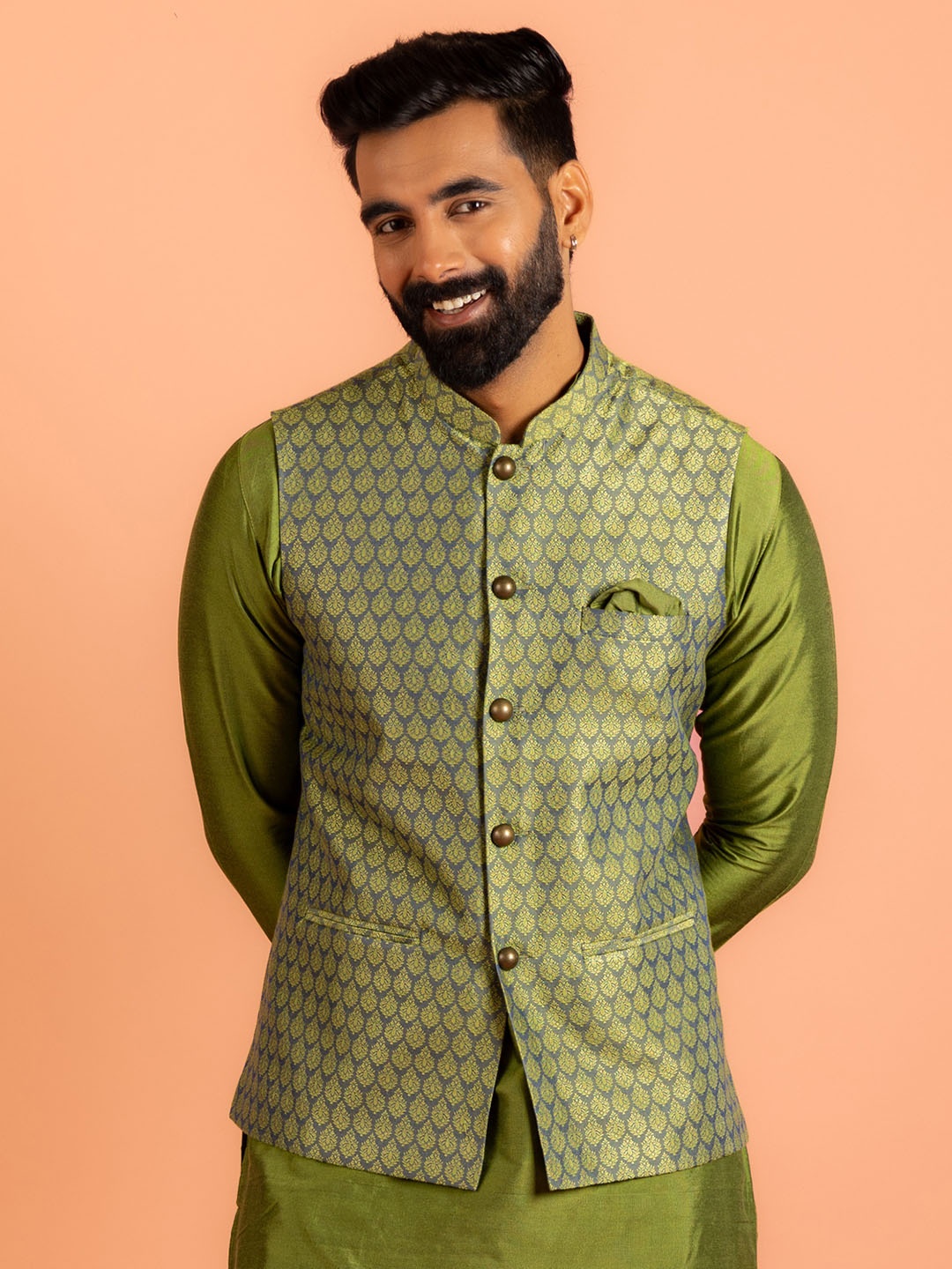 

KISAH Men Ethnic Motifs Mandarin Collar Woven Design Nehru Jacket, Green