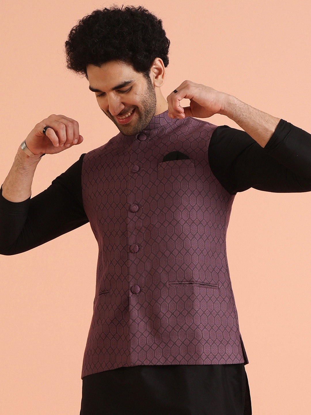 

KISAH Men Ethnic Motifs Mandarin Collar Woven Design Nehru Jacket, Mauve
