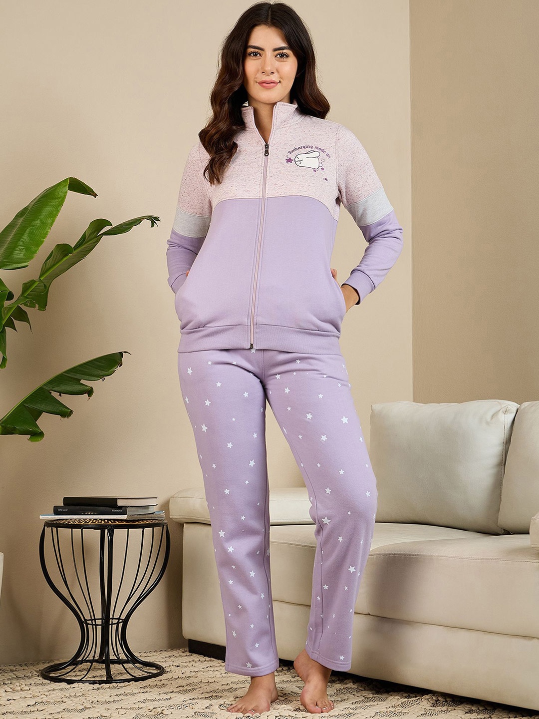 

July Women Printed T-Shirt With Pyjama Night Suit Set, Lavender