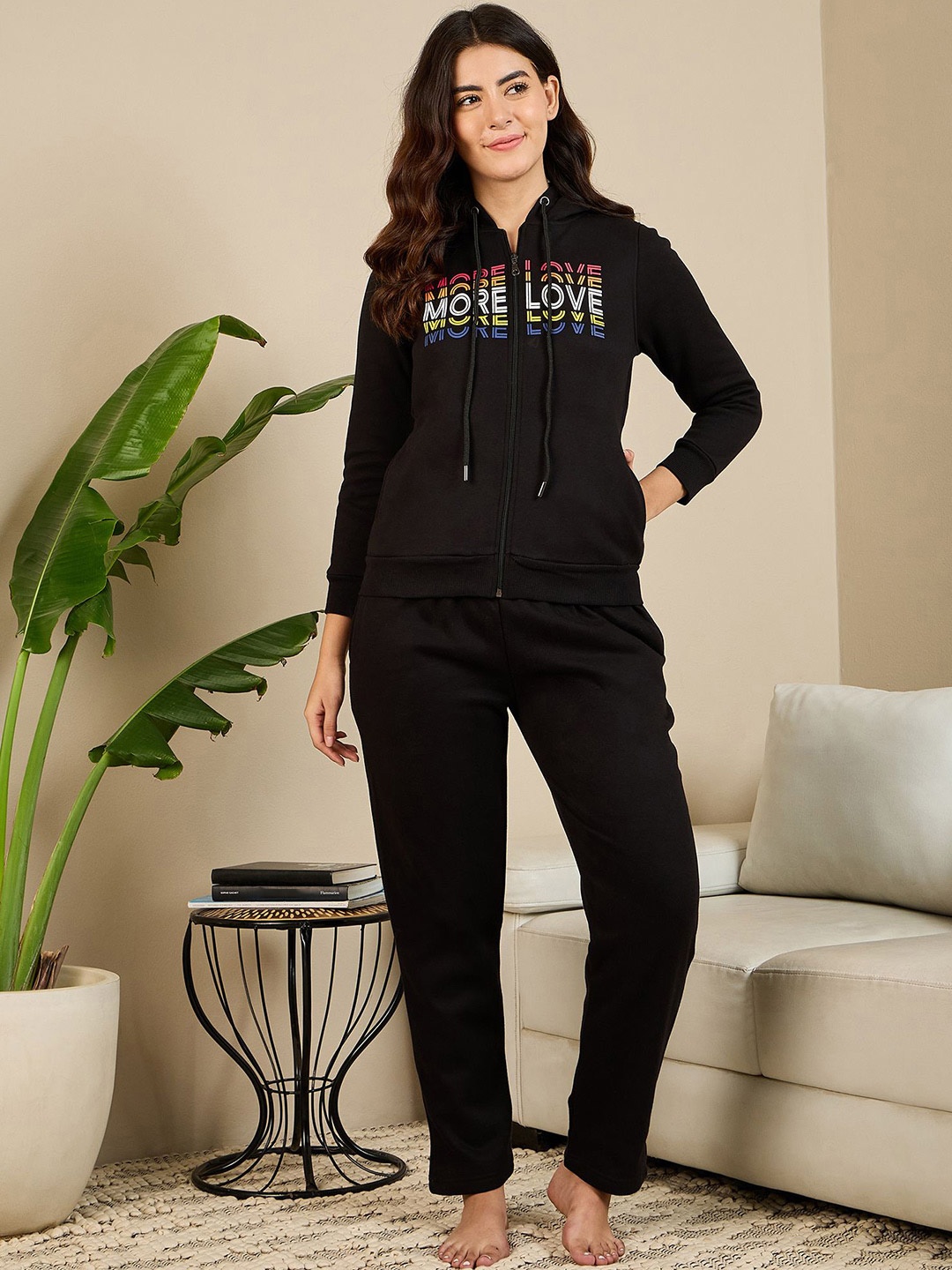 

July Women T-Shirt With Pyjama Cotton Tracksuit, Black