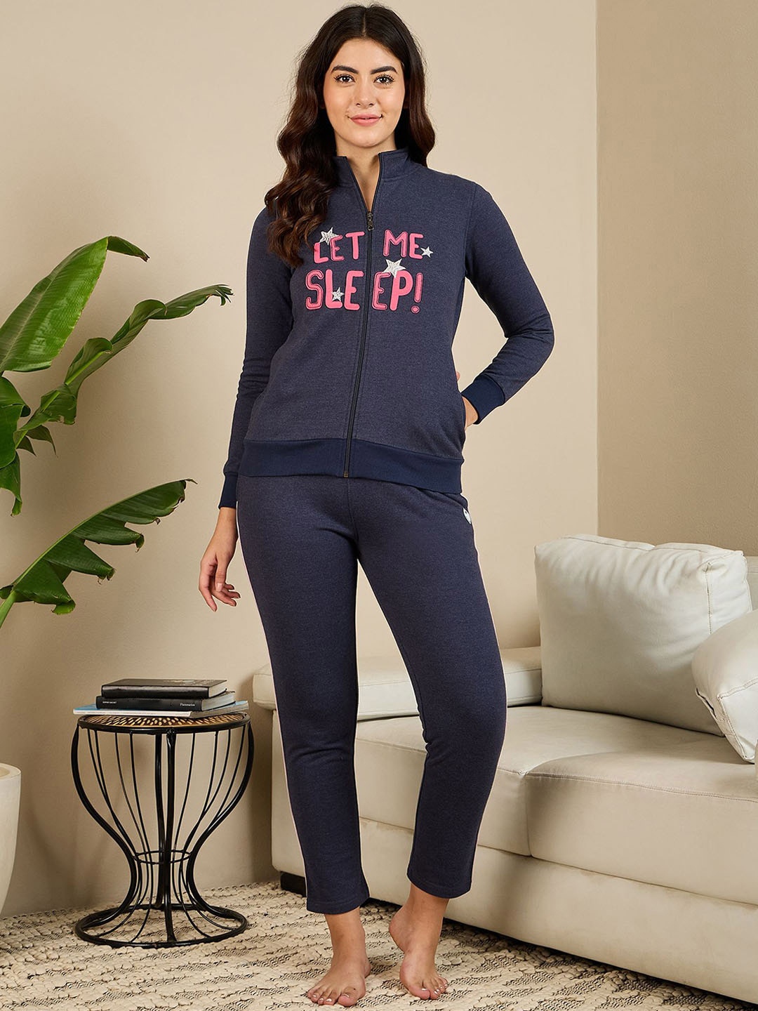 

July Printed Mock Collar Long Sleeves Sweatshirt With Track Pant, Navy blue