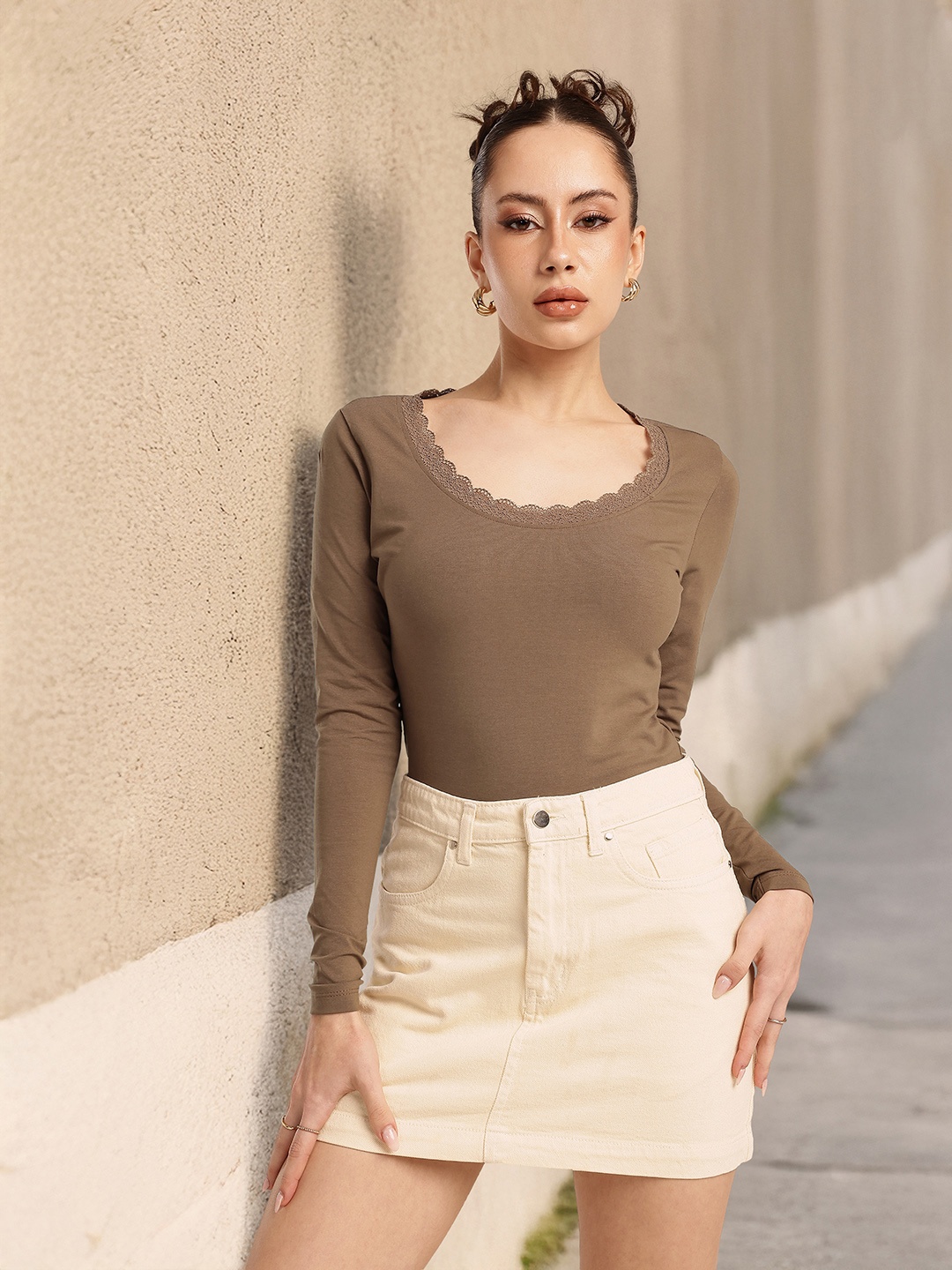 

glitchez Cool Swagger Lace Insert Scoop Neck Fitted Top, Brown