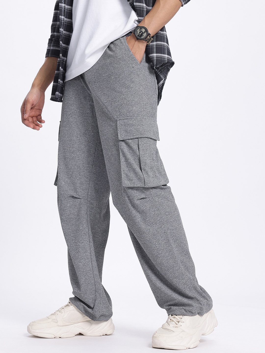 

glitchez Men Effortless Melange Cargo Style Relaxed Trousers, Grey melange