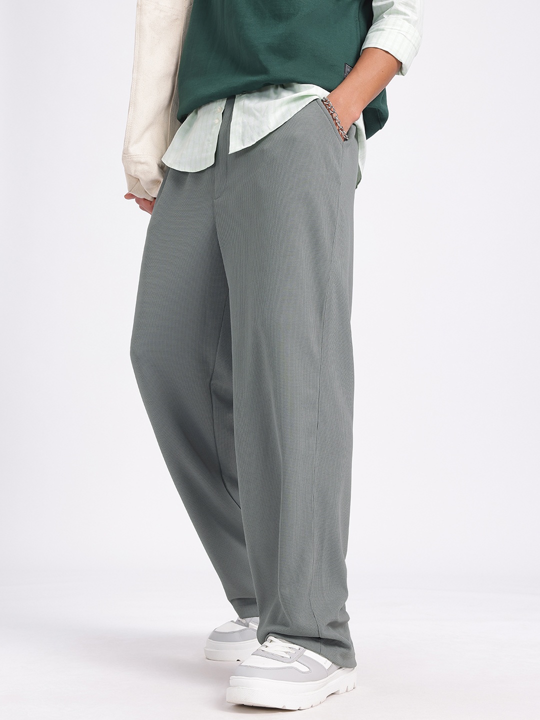 

glitchez Men Statement Making Textured Relaxed Fit Trousers, Grey