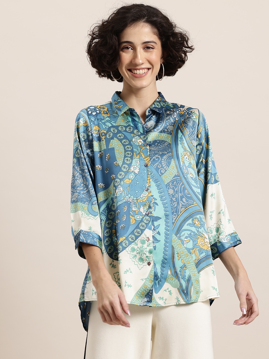 

HERE&NOW Ethnic Print Satin Shirt Style Top, Blue