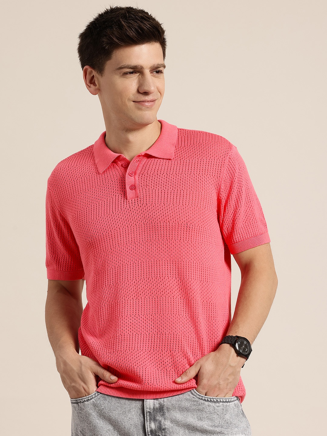 

HERE&NOW Open-Knit Pure Cotton Polo Collar T-shirt, Coral