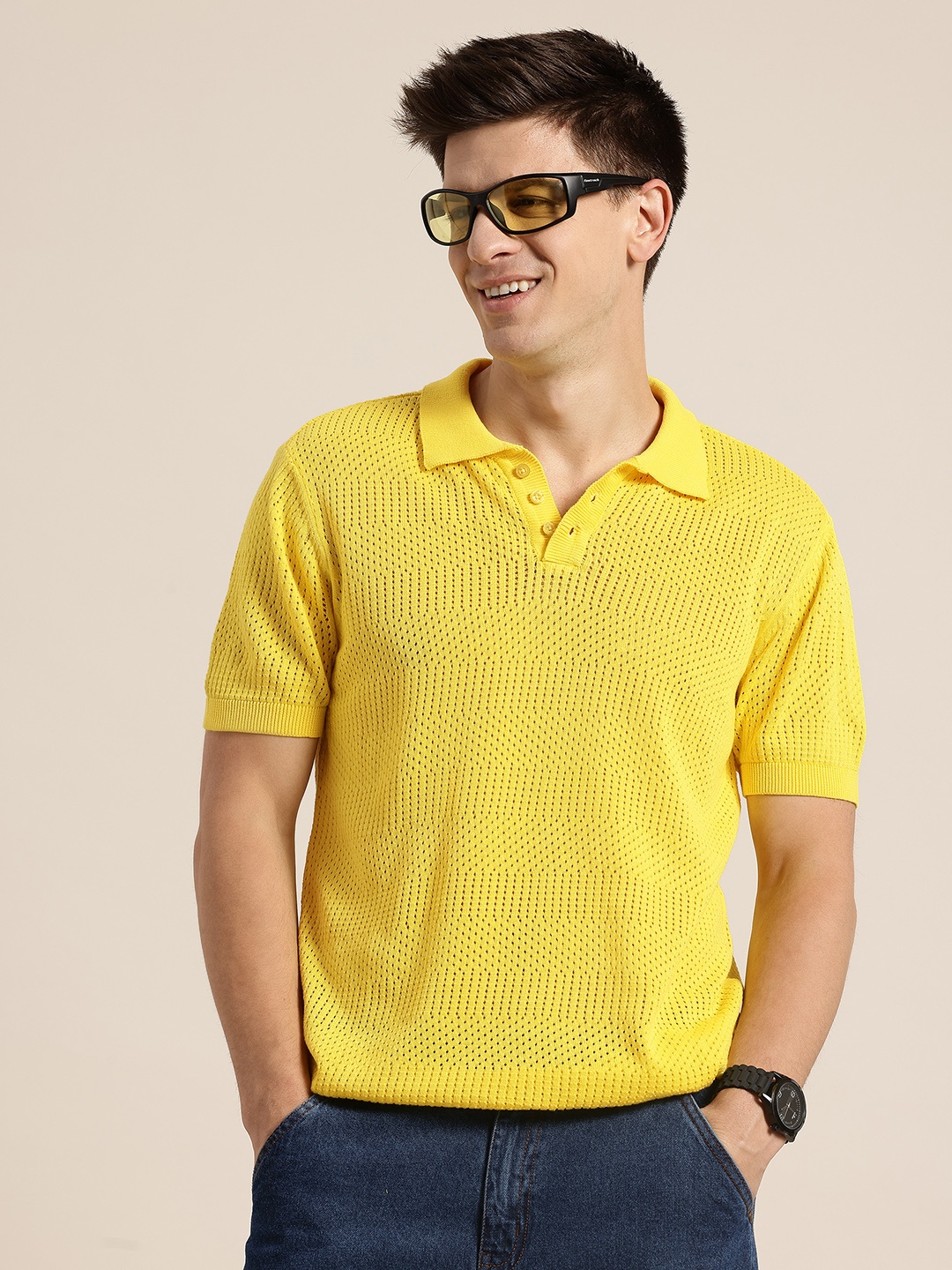 

HERE&NOW Open-Knit Pure Cotton Polo Collar T-shirt, Yellow