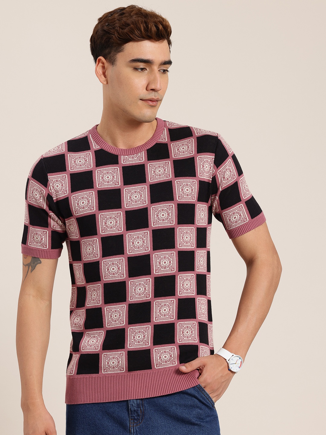 

HERE&NOW Men Printed Knitted Pure Cotton T-shirt, Black