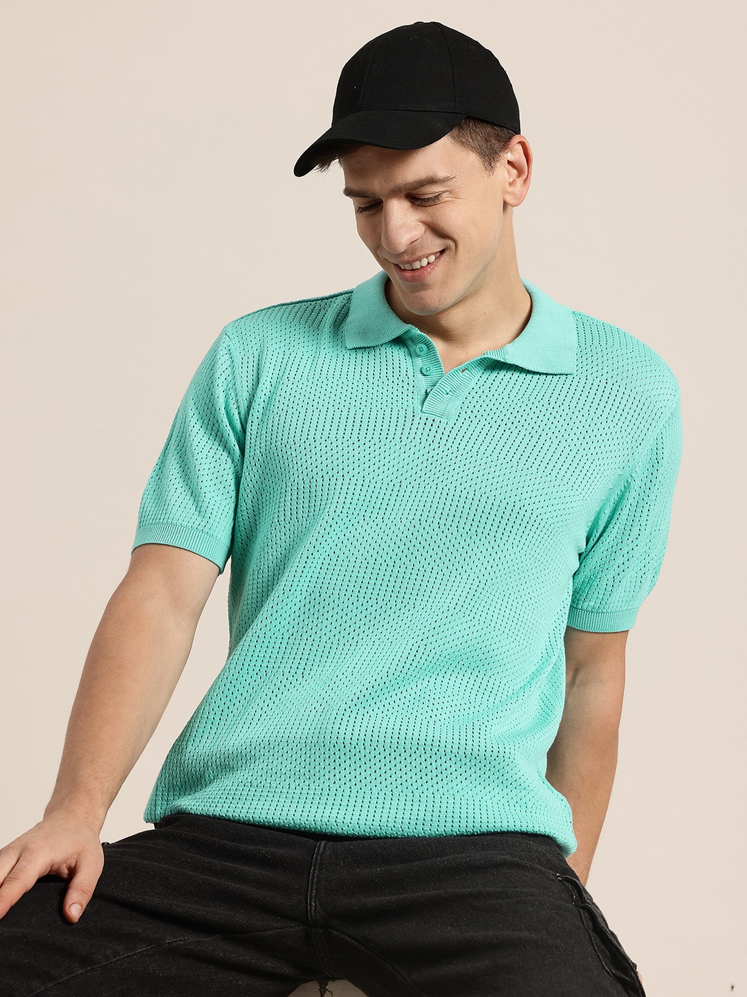 

HERE&NOW Open-Knit Pure Cotton Polo Collar T-shirt, Turquoise blue