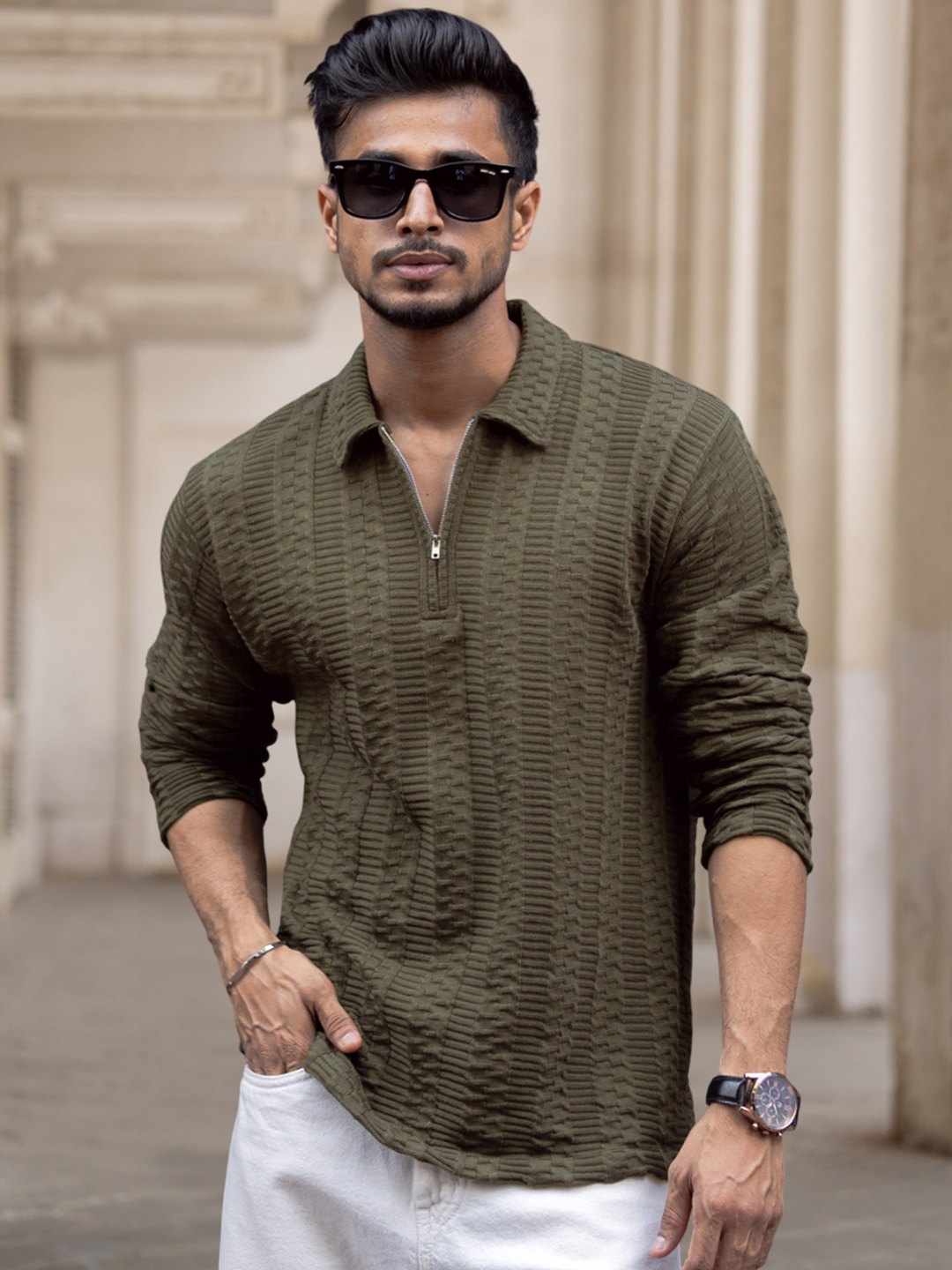

Powerlook Men Horizontal Stripes Opaque Casual Shirt, Olive
