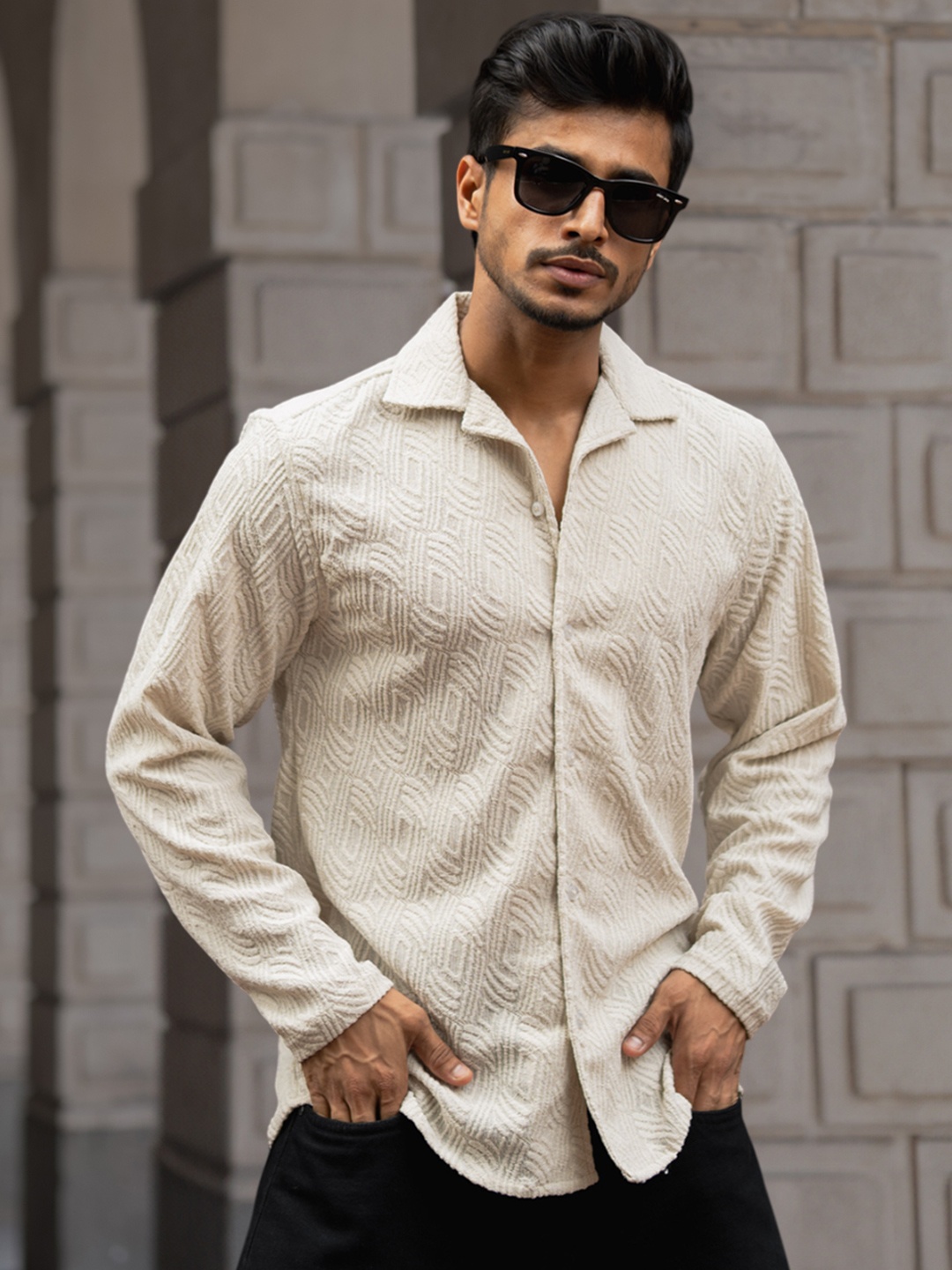 Powerlook Men Cuban Collar Textured Relaxed Fit Casual Shirt, Cream