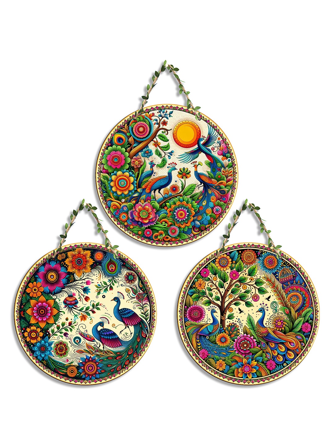 

SEHAZ ARTWORKS Blue & Yellow 3 Pieces Floral Printed Wooden Wall Hangings