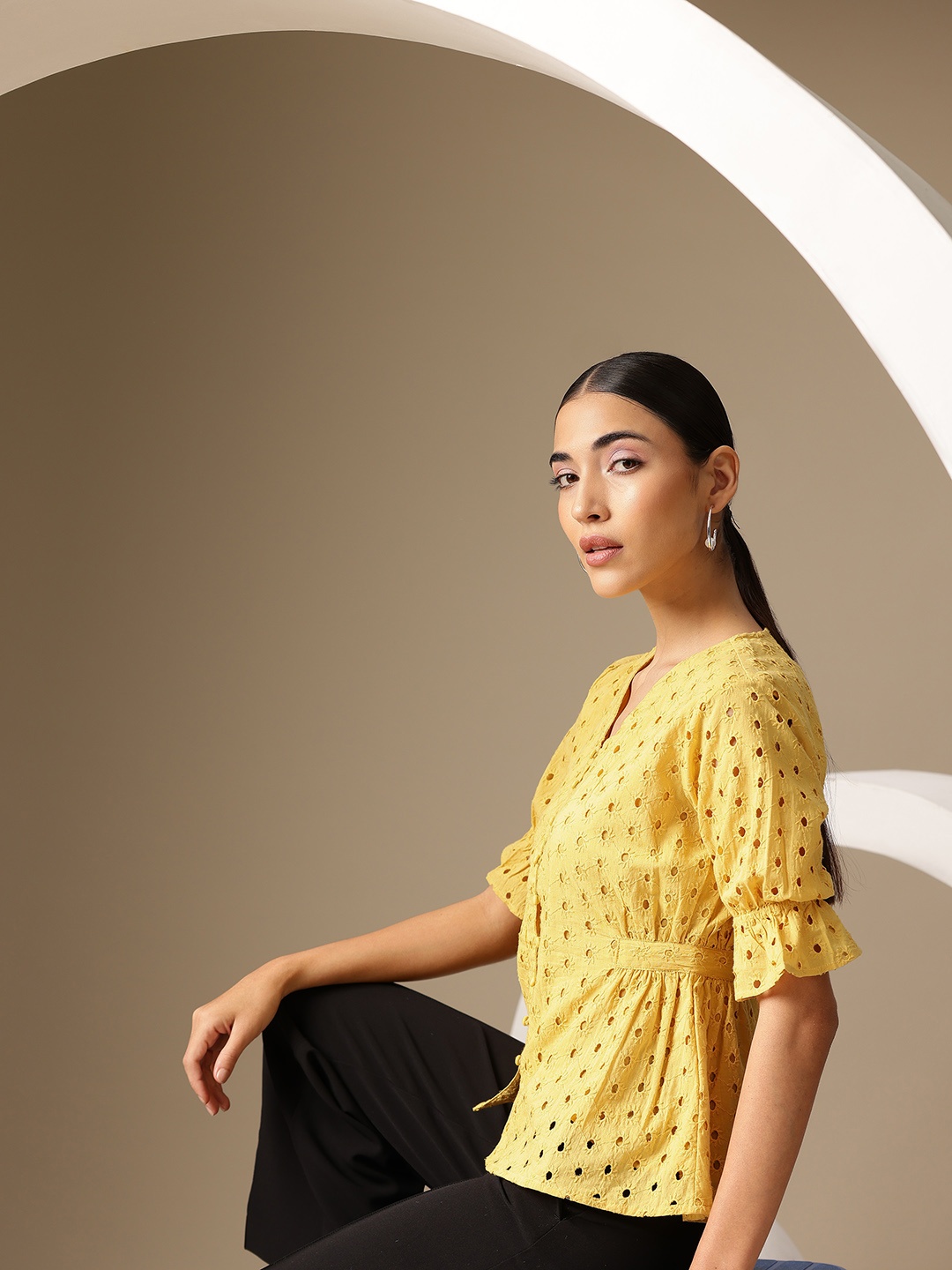 

Chemistry Embroidered Puff Sleeve Pure Cotton Schiffli Top, Yellow